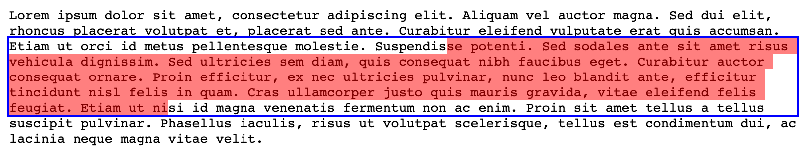 Screenshot of a textarea with highlighted range of text. A blue box is rendered around the entire range and the text in the range is highlighted with translucent red boxes.