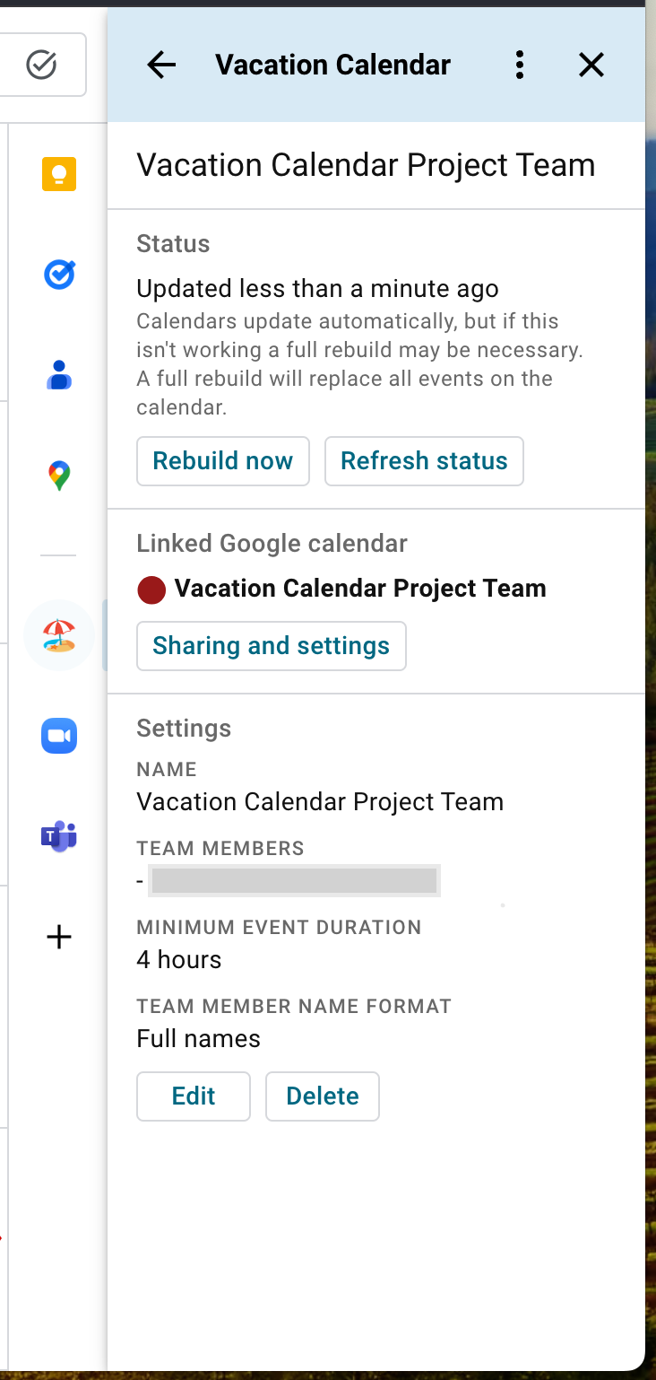 Screenshot of a calendar management page